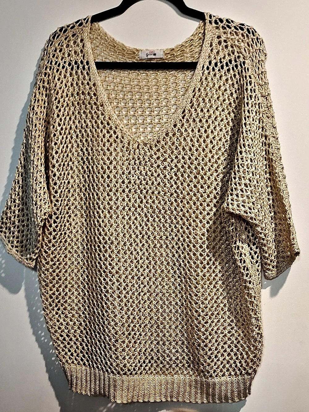 GeeGee Open-Knit V-Neck Sweater in Beige Size 3X Like New